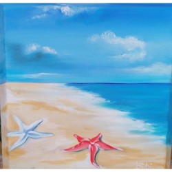 Stelle Marine – Paesaggio marino 30x30 con stelle bianche e rosse | Olio su tela di Bibi Guarnieri