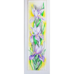 Sua Altezza Iris – Acquerello floreale verticale 25x100 con iris viola e bianchi | Opera di Bibi Guarnieri